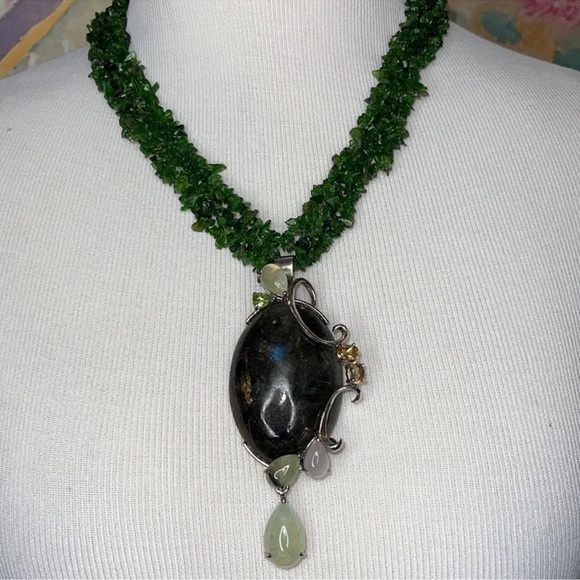 Large Labradorite Lapis Lazuli Elegant Green Black Stone Necklace 925